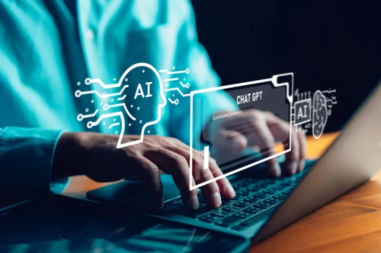 AI ChatGPT graphic. Man on his laptop typing