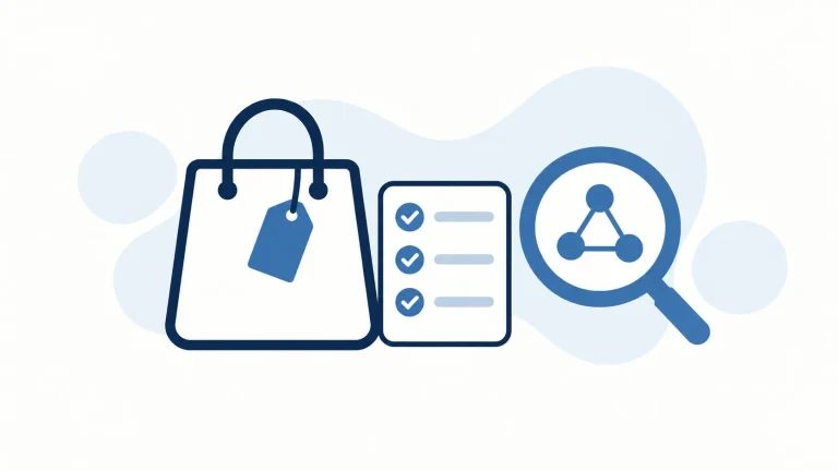 Shopping bag, checklist, and search icons representing ecommerce product optimization for AI search.